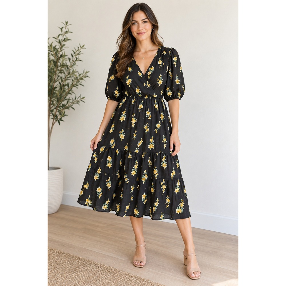 A New Day Black Yellow Floral Puff Sleeve Tiered Midi Wrap Dress Medium NEW